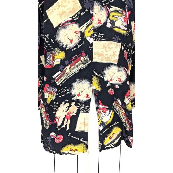 Loco Wido black sheer California beach summer vacation retro print blouse medium - Picture 9 of 9